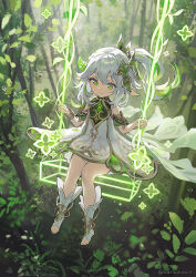 Rule 34 | 1girl, bare shoulders, closed mouth, commentary request, day, dress, forest, genshin impact, green eyes, green hair, hair between eyes, hair ornament, hands up, highres, looking away, multicolored hair, nahida (genshin impact), nature, no shoes, outdoors, pointy ears, side ponytail, sitting, sleeveless, sleeveless dress, smile, socks, solo, stirrup legwear, streaked hair, sunako (veera), swing, toeless legwear, tree, white dress, white socks