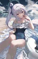 Rule 34 | absurdres, bare legs, bare shoulders, beach, blue archive, blue bow, blurry, blurry background, bow, cloud, commentary, cropped legs, double-parted bangs, grey eyes, grey hair, hair bow, halo, highres, holding, holding phone, lens flare, lifebuoy, long hair, looking at viewer, miyako (blue archive), miyako (swimsuit) (blue archive), ocean, open mouth, phone, ponytail, sand, sidelocks, sitting, sky, striped innertube, swim ring, swimsuit, thighs, timo wei95, very long hair, waves