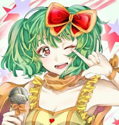 Rule 34 | 1girl, ;d, \m/, alternate costume, armpits, bow, breasts, eyelashes, green hair, hair bow, macross, macross frontier, microphone, one eye closed, open mouth, ranka lee, red eyes, scarf, seikan hikou, short hair, sleeveless, small breasts, smile, solo, wind, wind lift, yuikuma