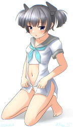 Rule 34 | 1girl, aqua neckerchief, barefoot, grey eyes, grey hair, grey sailor collar, headgear, i-36 (kancolle), kantai collection, kneeling, looking at viewer, navel, neckerchief, no panties, one-hour drawing challenge, ray.s, sailor collar, sailor shirt, shirt, short hair, short sleeves, simple background, solo, twintails, white background