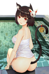 Rule 34 | 1girl, :o, animal ear fluff, animal ears, ass, azur lane, back, bare arms, bare legs, bare shoulders, bell, black hair, breasts, butt crack, camisole, cat ears, cat tail, fang, fox mask, from behind, highres, jingle bell, large breasts, looking at viewer, looking back, mask, no pants, ocarino, open mouth, panties, panty pull, pool, red eyes, shirt, short hair, sleeveless, sleeveless shirt, solo, strap gap, tail, underwear, wading, water, white panties, white shirt, yamashiro (azur lane)