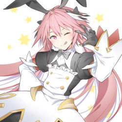Rule 34 | 1boy, absurdres, astolfo (fate), astolfo (saber) (fate), astolfo (saber) (third ascension) (fate), black bow, black gloves, black ribbon, blush, bow, bowtie, commentary request, fate/grand order, fate (series), gloves, hair bow, hair intakes, hair ribbon, highres, long hair, long sleeves, looking at viewer, male focus, multicolored hair, nemuko ofuton, one eye closed, pink hair, purple eyes, ribbon, simple background, smile, solo, star (symbol), streaked hair, tongue, tongue out, trap, twintails, w, white background, white hair
