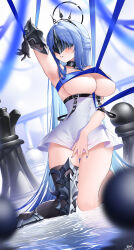 Rule 34 | 1girl, absurdly long hair, absurdres, alsace (azur lane), armored legwear, azur lane, bare shoulders, between breasts, black gloves, black thighhighs, black tiara, blue hair, blue nails, board game, breast strap, breasts, chess, commentary request, covered eyes, covered navel, covering privates, dated, detached collar, dress, elbow gloves, eye mask, full body, gauntlets, gloves, hair ornament, half updo, halo, halo behind head, highres, jfzm001, kneeling, large breasts, long hair, mask, parted bangs, parted lips, ribbon, sidelocks, signature, single elbow glove, single gauntlet, single thighhigh, skindentation, solo, strap between breasts, thighhighs, tiara, underboob, very long hair, water, white dress