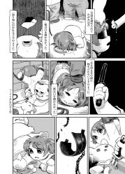 Rule 34 | 1girl, 2boys, baton (weapon), bdsm, blindfold, bound, candle, chain, comic, commentary request, completely nude, evil grin, evil smile, foot on head, glasses, greyscale, grin, hair slicked back, holding, holding stuffed toy, holding weapon, itou korosuke, knife, monochrome, multiple boys, narration, nude, on floor, original, rope, scar, scar on arm, scar on back, short hair, short twintails, smile, stuffed animal, stuffed toy, swept bangs, tied up (nonsexual), torture, translation request, twintails, weapon, whip