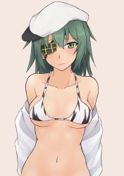 Rule 34 | 10s, 1girl, :|, arms behind back, bare shoulders, beige background, bikini, bikini top only, blush, breasts, cleavage, closed mouth, collarbone, embarrassed, eyebrows, eyepatch, flat cap, green eyes, green hair, hair between eyes, hat, kantai collection, kiso (kancolle), looking at viewer, matching hair/eyes, navel, one eye covered, shirt, short hair, simple background, solo, stomach, swimsuit, takaman (gaffe), undressing, white bikini, white hat, white shirt