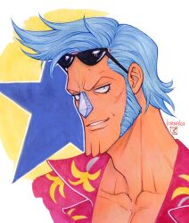Rule 34 | 1boy, artist name, blue hair, collarbone, commentary, english commentary, eyewear on head, franky (one piece), hawaiian shirt, looking at viewer, lorna-ka, male focus, one piece, shirt, short hair, sideburns, signature, smile, solo, spiked hair, star (symbol), sunglasses, teeth