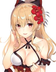 Rule 34 | 1girl, bare shoulders, bikini, bikini pull, black bow, blonde hair, bow, breasts, cleavage, clothes pull, collarbone, commentary request, criss-cross halter, flower, granblue fantasy, hair between eyes, hair bow, hair flower, hair ornament, halterneck, hand up, hibiscus, long hair, looking at viewer, medium breasts, parted lips, ponytail, red eyes, red flower, sidelocks, simple background, smile, solo, swimsuit, upper body, vira (granblue fantasy), white background, white bikini, yuzuttan