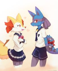 Rule 34 | 1boy, 1girl, :3, ancesra, animal ear fluff, animal ears, animal nose, arms behind back, artist name, averting eyes, black fur, blue fur, blue neckerchief, blue sailor collar, blue shorts, blue skirt, blush, body fur, bow, box, braixen, character doll, cowboy shot, creatures (company), cropped legs, crossed arms, fang, flat chest, fox ears, fox girl, fox tail, from side, furry, furry female, furry male, furry with furry, game freak, gen 4 pokemon, gen 6 pokemon, gift, gift box, gradient background, happy, heart, heart-shaped box, hetero, highres, holding, holding box, holding gift, interspecies, long sleeves, looking at another, looking back, lucario, miniskirt, multicolored fur, neckerchief, nervous, nintendo, open mouth, patreon username, pleated skirt, pocket, pokemon, pokemon (creature), profile, red bow, sailor collar, school uniform, serafuku, shirt, short shorts, short sleeves, shorts, simple background, skirt, smile, snout, standing, stick, sweat, tail, thighhighs, valentine, watermark, web address, white fur, white shirt, white thighhighs, wolf boy, wolf ears, wolf tail, yellow fur, zettai ryouiki