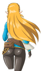 Rule 34 | 1girl, ass, blonde hair, blue shirt, braid, fingerless gloves, from behind, gloves, highres, huge ass, long hair, nintendo, pants, pointy ears, princess zelda, shiny clothes, shirt, simple background, skin tight, solo, the legend of zelda, the legend of zelda: breath of the wild, tight clothes, tight pants, very long hair, white background, yawake