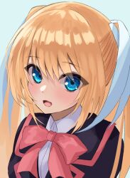 Rule 34 | 1girl, :d, black jacket, blonde hair, blue eyes, blush, bow, close-up, commentary request, eyes visible through hair, hair between eyes, hair ribbon, highres, jacket, light blue background, little busters!, little busters! school uniform, long hair, looking at viewer, open mouth, pink bow, ribbon, school uniform, simple background, smile, solo, souyoru, tokido saya, two side up, white ribbon
