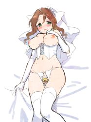 Rule 34 | 1girl, bed sheet, blush, breasts, bridal lingerie, bridal veil, bride, brown hair, censored, cloud strife, corset, crotchless, crotchless panties, final fantasy, final fantasy vii, gloves, green eyes, hand on own chest, krudears, lingerie, lying, medium breasts, navel, nipples, on back, panties, parted bangs, parted lips, sidelocks, solo, sweat, thighhighs, underwear, upper body, veil, wavy hair, white corset, white gloves, white panties, white thighhighs