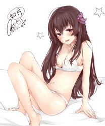 Rule 34 | 1girl, ass, barefoot, blush, bra, breasts, brown hair, character name, flower, hair flower, hair ornament, kantai collection, kisaragi (kancolle), long hair, looking at viewer, medium breasts, navel, on bed, open mouth, panties, purple eyes, rizzl, sitting, solo, twitter username, underwear, underwear only, white bra, white panties
