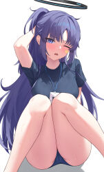 Rule 34 | 1girl, absurdres, adjusting hair, arm behind head, arm up, ass, black shirt, blue archive, blue buruma, blush, buruma, cameltoe, cleft of venus, commentary request, feet out of frame, gym shirt, gym uniform, half updo, halo, head tilt, highres, hot, id card, knees together feet apart, knees up, kurageumisawa, lanyard, long hair, looking at viewer, mechanical halo, official alternate costume, official alternate hairstyle, one eye closed, open mouth, parted bangs, parted lips, ponytail, purple eyes, purple hair, shirt, short sleeves, sidelocks, simple background, sitting, solo, star sticker, sticker on face, sweat, teeth, upper teeth only, white background, yuuka (blue archive), yuuka (track) (blue archive)