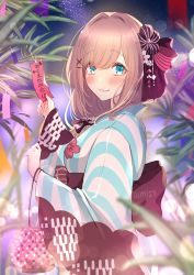 Rule 34 | 1girl, :3, akano yomi, black bow, blue eyes, bow, brown hair, closed mouth, floral print, full body, hair bow, hair ornament, hair over shoulder, highres, holding, japanese clothes, kimono, lips, long sleeves, looking at viewer, medium hair, nail polish, nijisanji, official alternate costume, sandals, signature, simple background, smile, solo, standing, straight-on, striped, suzuhara lulu, suzuhara lulu (2nd costume), tanabata, translated, vertical stripes, virtual youtuber, white background, wide sleeves, x hair ornament, yukata
