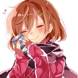 Rule 34 | 1girl, black scarf, black tea, blush, brown hair, can, canned tea, cardigan, cheek press, closed eyes, closed mouth, hair between eyes, hair ornament, hairclip, heart, holding, holding can, naoton, original, scarf, short hair, simple background, sleeves past wrists, smile, solo, tea, upper body, white background