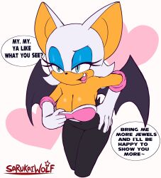 Rule 34 | 1girl, absurdres, alternate breast size, animal ears, animal nose, aqua eyes, artist name, bat ears, bat girl, bat tail, bat wings, black bodysuit, black leggings, blue eyeshadow, bodysuit, breasts, cleavage, elbow gloves, english text, evil grin, evil smile, eyelashes, eyeliner, eyeshadow, fang, flirting, furry, furry female, gloves, green eyes, grin, hand on own hip, hand on own chest, heart, highres, large breasts, leaning forward, leggings, lipstick, long legs, makeup, naughty face, pants, pink lips, pulled by self, rouge the bat, sarukaiwolf, shiny skin, simple background, sketch, smile, sonic (series), sonic (series), speech bubble, spread wings, tail, tight clothes, tight pants, white background, white fur, white gloves, wings