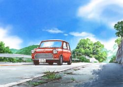 Rule 34 | absurdres, blue sky, car, cloud, commentary, day, grass, highres, hill, hirota (masasiv3), license plate, mini cooper, motor vehicle, no humans, outdoors, railing, reflection, road, scenery, sky, tree, vehicle focus
