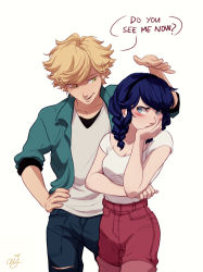 Rule 34 | 1boy, 1girl, adrien agreste, alternate hairstyle, blonde hair, blue eyes, blue hair, blush, braid, breasts, ceejles, cleavage, ears visible through hair, english text, green eyes, hand on own hip, hand on own chin, height conscious, height difference, highres, marinette dupain-cheng, medium breasts, miraculous ladybug, pants, pants rolled up, signature, torn clothes, torn pants, twin braids