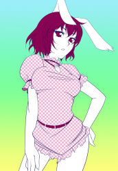 Rule 34 | 1girl, aged up, animal ears, bad id, bad pixiv id, breasts, dress, gradient background, hand on own hip, hayashi custom, inaba tewi, jewelry, necklace, rabbit ears, red eyes, short hair, short sleeves, solo, touhou, unmoving pattern