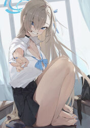 Rule 34 | 1girl, absurdres, asuna (blue archive), bare legs, barefoot, black skirt, blonde hair, blue archive, blue bow, blue bowtie, blue eyes, blue halo, blue nails, blue ribbon, blush, bow, bowtie, breasts, cellphone, choker, cleavage, fetal position, foreshortening, grin, hair over one eye, hair ribbon, halo, highres, large breasts, lemoneko, light brown hair, long hair, looking at viewer, mole, mole on breast, nail polish, phone, pleated skirt, pointing, pointing at viewer, revision, ribbon, shirt, sitting, skirt, smartphone, smile, solo, toenail polish, toenails, uniform, v, white shirt