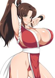 Rule 34 | 1girl, arm behind head, arm up, armpits, blush, breasts, brown eyes, brown hair, cleavage, fatal fury, forehead, high ponytail, highres, huge breasts, jabara tornado, leotard, long hair, looking at viewer, parted bangs, parted lips, pelvic curtain, ponytail, red leotard, rope, sash, shiny skin, shiranui mai, sideboob, sidelocks, simple background, smile, solo, the king of fighters, thighs, white background, wristband