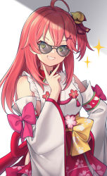 Rule 34 | 1girl, absurdres, ahoge, armband, bare shoulders, bell, blush, bow, cherry blossom print, commentary request, detached sleeves, floral print, glasses, green eyes, grin, hair bell, hair between eyes, hair ornament, hair ribbon, hand on own hip, hand up, head tilt, highres, hololive, japanese clothes, jingle bell, kimono, long hair, looking at viewer, nontraditional miko, one side up, pink bow, pink hair, print bow, red ribbon, red skirt, ribbon, sakura miko, sakura miko (1st costume), shade, shikinagi, sidelocks, skirt, sleeveless, sleeveless kimono, smile, solo, sparkle, tassel, v, virtual youtuber, white background, wide sleeves, x hair ornament, yellow bow