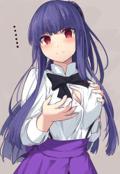Rule 34 | ..., 1girl, asagami fujino, asagami fujino (second ascension), black bow, black bowtie, blue hair, blush, bow, bowtie, breasts, cleavage, commentary request, fate/grand order, fate (series), grey background, hair ornament, hand on own breast, kara no kyoukai, large breasts, long hair, long sleeves, looking at viewer, ponytail, purple skirt, red eyes, shirt, shirt tucked in, shiseki hirame, skirt, solo, upper body, white shirt