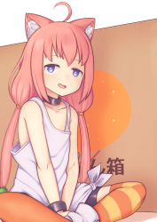 Rule 34 | absurdres, ahoge, animal ears, bike shorts, blue eyes, bracelet, cat ears, cat girl, collar, eyebrows hidden by hair, flat chest, highres, hinata channel, indian style, jacy, jewelry, low twintails, nekomiya hinata, pink hair, shirt, sitting, smile, solo, striped clothes, striped thighhighs, tank top, thighhighs, tied shirt, twintails, virtual youtuber, white tank top