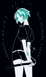 Rule 34 | 1other, androgynous, aqua eyes, aqua hair, back, belt, black background, broken, collared shirt, colored eyelashes, colored skin, crack, cracked skin, crystal hair, from behind, gem uniform (houseki no kuni), glint, glowing, glowing hair, high collar, holding, holding sheath, houseki no kuni, injury, looking at viewer, looking back, necktie, other focus, parted bangs, parted lips, phosphophyllite, phosphophyllite (gemstone), profile, puffy short sleeves, puffy sleeves, rei misc, shards, sheath, sheathed, shirt, short hair, short jumpsuit, short shorts, short sleeves, shorts, simple background, solo, sparkle, strap, white belt, white skin