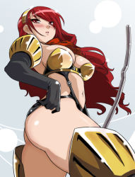 Rule 34 | 1girl, alternate costume, atlus, blush, dr.p, elbow gloves, gloves, high-cut armor (persona), kirijou mitsuru, long hair, persona, persona 3, red eyes, red hair, solo, thighhighs, weapon