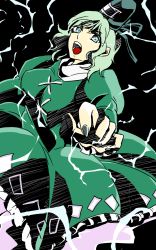 Rule 34 | 1girl, action, black background, blue eyes, breasts, dress, electricity, female focus, frilled dress, frills, ghost tail, green dress, green hair, hat, highres, juliet sleeves, kae (hyugafire), large breasts, long sleeves, looking at viewer, open mouth, puffy sleeves, short hair, simple background, soga no tojiko, solo, tate eboshi, teeth, tongue, touhou