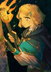 Rule 34 | 1girl, black cloak, black gloves, blonde hair, blue shirt, braid, breasts, cloak, dirty, dirty face, fingerless gloves, fire, furrowed brow, gloves, green eyes, highres, holding, holding torch, long sleeves, looking at object, medium breasts, mouyi, nintendo, parted bangs, pointy ears, princess zelda, puffy long sleeves, puffy sleeves, shirt, short hair, sidelocks, solo, sweat, the legend of zelda, the legend of zelda: breath of the wild, thick eyebrows, torch, white shirt