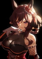 Rule 34 | 1girl, :d, absurdres, bare shoulders, black sleeves, bodystocking, braided hair rings, breasts, brown hair, cleavage, collarbone, commentary request, detached sleeves, dress, ear covers, ear ornament, gentildonna (umamusume), gloves, hair between eyes, hand up, heart ear ornament, highres, large breasts, long hair, looking at viewer, open mouth, pink eyes, red dress, see-through, see-through cleavage, sidelocks, single ear cover, sleeveless, sleeveless dress, smile, solo, standing, sunny (20597521), umamusume, upper body, white gloves