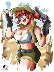 Rule 34 | 1girl, a grey person, abs, belt, breasts, cleavage, crop top, fingerless gloves, fio germi, glasses, gloves, gun, hat, highres, jacket, large breasts, metal slug, one eye closed, palm tree, ponytail, sand, shorts, sleeveless, tree, weapon, wink