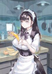 Rule 34 | 1girl, apron, banana, black hair, blunt bangs, breasts, cleavage, food, fruit, frying pan, highres, holding, holding food, indoors, kitchen, large breasts, long hair, looking at viewer, maid, maid apron, maid headdress, nishi yoshiyuki, orange (fruit), original, plant, potted plant, purple eyes, solo, teapot, window