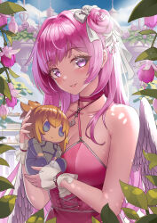 Rule 34 | absurdres, angel wings, bare shoulders, blush, breasts, character doll, cleavage, collarbone, doll, dorothy (nikke), dorothy (nostalgia) (nikke), dress, feathered wings, flower, goddess of victory: nikke, hair bun, hair intakes, highres, holding, holding doll, koizumike, large breasts, long hair, looking at viewer, official alternate costume, parted lips, pink dress, pink hair, pinne (nikke), purple eyes, upper body, white wings, wings
