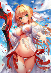 Rule 34 | 1girl, aestus estus, ahoge, bikini, blonde hair, blue sky, blush, breasts, bubble, cleavage, closed mouth, cloud, cowboy shot, criss-cross halter, day, earrings, fate/grand order, fate (series), green eyes, hair intakes, halterneck, holding, holding sword, holding weapon, jewelry, large breasts, long hair, looking at viewer, navel, nero claudius (fate), nero claudius (fate) (all), nero claudius (swimsuit caster) (fate), nero claudius (swimsuit caster) (third ascension) (fate), outdoors, reaching, reaching towards viewer, side-tie bikini bottom, sidelocks, skindentation, sky, smile, solo, striped bikini, striped clothes, swimsuit, sword, tako seijin, twintails, weapon