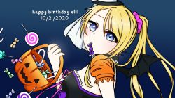 Rule 34 | 1girl, artist request, ayase eli, basket, black detached collar, black dress, black hat, black wings, blonde hair, blue eyes, blush, bow, breasts, candy, cleavage, collarbone, cross-laced clothes, cross-laced dress, detached collar, dress, female focus, food, frilled dress, frills, garter straps, hair between eyes, hair ornament, hair scrunchie, hat, holding, holding basket, jack-o&#039;-lantern, long hair, looking at viewer, love live!, love live! school idol festival, love live! school idol project, midriff, mimi (craftybubb), mini hat, moon print, navel, parted lips, pink ribbon, pink scrunchie, ponytail, puffy short sleeves, puffy sleeves, pumpkin print, ribbon, scrunchie, short sleeves, smile, solo, which hat, white bow, wings