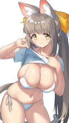 Rule 34 | 1girl, absurdres, animal ears, arukiru, bikini, bow, breasts, brown hair, cat ears, cat girl, clothes lift, hair bow, highres, large breasts, lifted by self, long hair, looking at viewer, navel, original, ponytail, shirt, shirt lift, short sleeves, side-tie bikini bottom, smile, solo, standing, swimsuit, thighs, wet, white bikini, white shirt, yellow bow, yellow eyes