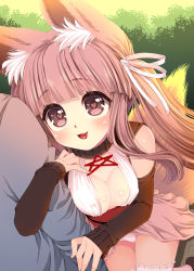 Rule 34 | 1girl, :d, animal ears, arm hug, breasts, brown eyes, brown footwear, brown hair, cleavage, commentary request, day, detached sleeves, fingernails, fox ears, fox girl, fox tail, grey shirt, hair ribbon, heart, heart-shaped pupils, highres, long hair, long sleeves, medium breasts, open mouth, original, outdoors, pink skirt, pink thighhighs, ribbon, shirt, skirt, sleeves past wrists, smile, solo focus, suzune rai, symbol-shaped pupils, tail, thighhighs, very long hair, white ribbon