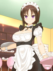 Rule 34 | 1girl, apron, black dress, black ribbon, blurry, blurry background, breasts, cleavage, cleavage cutout, closed mouth, clothing cutout, cup, depth of field, dress, foreshortening, hagino chiaki, highres, hinako note, holding, indoors, kakari, large breasts, looking at viewer, maid, maid apron, maid headdress, medium dress, neck ribbon, puffy short sleeves, puffy sleeves, purple eyes, ribbon, saucer, short hair, short hair with long locks, short sleeves, smile, solo, standing, teacup, tray, waitress, wrist cuffs