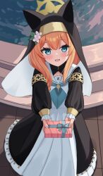Rule 34 | 1girl, absurdres, animal ear headwear, black headwear, blue archive, blue eyes, blue neckerchief, blush, box, coif, fake animal ears, flower, gift, gift box, habit, halo, hat, hat flower, highres, holding, holding gift, long hair, long sleeves, looking at viewer, mari (blue archive), mikeran5648, neckerchief, nun, open mouth, orange hair, puffy long sleeves, puffy sleeves, smile, solo, valentine, white flower