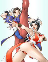 Rule 34 | 2girls, ass, black hair, breasts, brown hair, capcom, chun-li, cleavage, crossover, high kick, highres, kicking, legs, multiple girls, open mouth, panties, pantyhose, pantyshot, ponytail, qkat (arikawa-dou), shiranui mai, snk, spread legs, street fighter, the king of fighters, thighs, underwear
