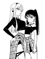 Rule 34 | 2girls, black hair, black hairband, black shirt, blonde hair, breasts, commentary request, copyright request, crop top, earrings, greyscale, hairband, hoop earrings, jewelry, large breasts, long hair, midriff, monochrome, multiple girls, navel, plaid, plaid skirt, shirt, simple background, skirt, tayama midori, twintails, white background