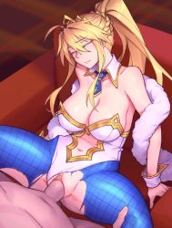 Rule 34 | 1boy, 1girl, artoria pendragon (all), artoria pendragon (fate), artoria pendragon (lancer) (fate), artoria pendragon (swimsuit ruler) (fate), blonde hair, breasts, clothed female nude male, fate/grand order, fate (series), large breasts, no panties, nude, pantyhose, penis, sex, spread legs, tagme, torn clothes, vaginal