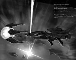 Rule 34 | r-9a arrowhead, bit (r-type), commentary, crybringer, english text, epic, force (r-type), greyscale, irem, monochrome, no humans, poem, r-9a arrowhead, r-type, spacecraft, starfighter