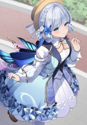 Rule 34 | 1girl, ayaka (genshin impact), back bow, blue bow, blue dress, blue eyes, blue hair, blunt bangs, blush, boots, bow, braid, brown footwear, brown hat, butterfly hair ornament, closed mouth, collar, commentary, dress, flower, genshin impact, hair flower, hair ornament, hair up, hand up, hat, hat ribbon, highres, kamisato ayaka, kamisato ayaka (springbloom missive), light blue hair, long hair, looking at viewer, meiso 0343, mole, mole under eye, official alternate costume, official alternate hairstyle, pantyhose, ribbon, sitting, smile, solo, white collar, white flower, white pantyhose, white ribbon