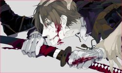 Rule 34 | 10s, bleeding, blood, blood in hair, blood on clothes, blood on face, blood on hands, bloody weapon, brown eyes, brown hair, clenched hand, cuts, gloves, grey background, hand on another&#039;s head, heshikiri hasebe, high contrast, holding, holding another&#039;s wrist, holding sword, holding weapon, injury, male focus, mzet, scratches, sheath, short hair, simple background, solo focus, sword, teeth, torn clothes, torn gloves, touken ranbu, unsheathing, weapon, white gloves