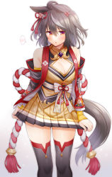 Rule 34 | animal ears, black hair, black thighhighs, breasts, cleavage, cleavage cutout, clothing cutout, commentary, detached sleeves, gradient background, grey background, hair between eyes, horse ears, horse girl, kitasan black (umamusume), looking at viewer, medium breasts, multicolored hair, red eyes, resolution mismatch, rui shi (rayze ray), short hair, skirt, solo, source larger, standing, streaked hair, thighhighs, thighs, umamusume, white background