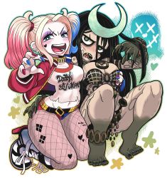 Rule 34 | 2girls, @ @, anklet, arm around back, arm around waist, barefoot, belt, black hair, blush, boots, grabbing another&#039;s breast, breasts, bright pupils, cleavage, dc comics, dirty, dirty feet, enchantress (dc), fingernails, fishnet pantyhose, fishnets, gashi-gashi, grabbing, harley quinn, high heel boots, high heels, highres, jewelry, kneeling, long fingernails, looking at viewer, midriff, multicolored hair, multiple girls, nail polish, navel, open mouth, pale skin, pantyhose, pelvic curtain, sharp nails, sharp teeth, short shorts, shorts, squatting, suicide squad, sweatdrop, tattoo, teeth, toes, twintails, two-tone hair, white pupils